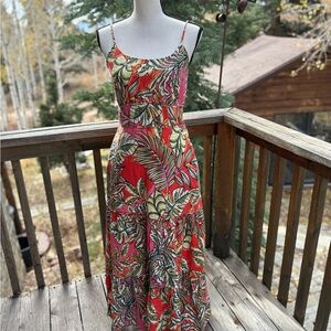 C&C California Red and Green Leaf Print Maxi Dress with pockets!
